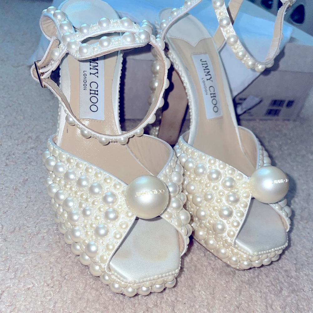 Jimmy Choo Sacaria 120MM Embellished Platform Pearl Heels Size 37